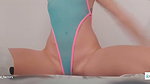 Morning stretch in sexy Mesh blue leotard