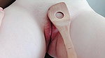 I mash pink pussy with the spatula until it turns red