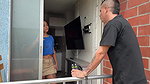I exercise at home, my neighbor sees me and gets provoked by my big cock I give her a hard fuck