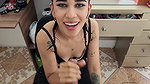 Beautiful blue-eyed brunette devours a hard cock
