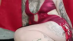 Stepmom in red dress and heels fucks her husband’s cousin