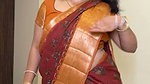Punjabi curvy lady big deep navel in orange maroon saree  1