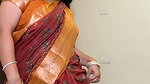 Punjabi curvy lady big deep navel in orange maroon saree  1
