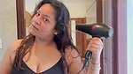 chubby cute lady hige round tits and cleavage in black tight costume 1