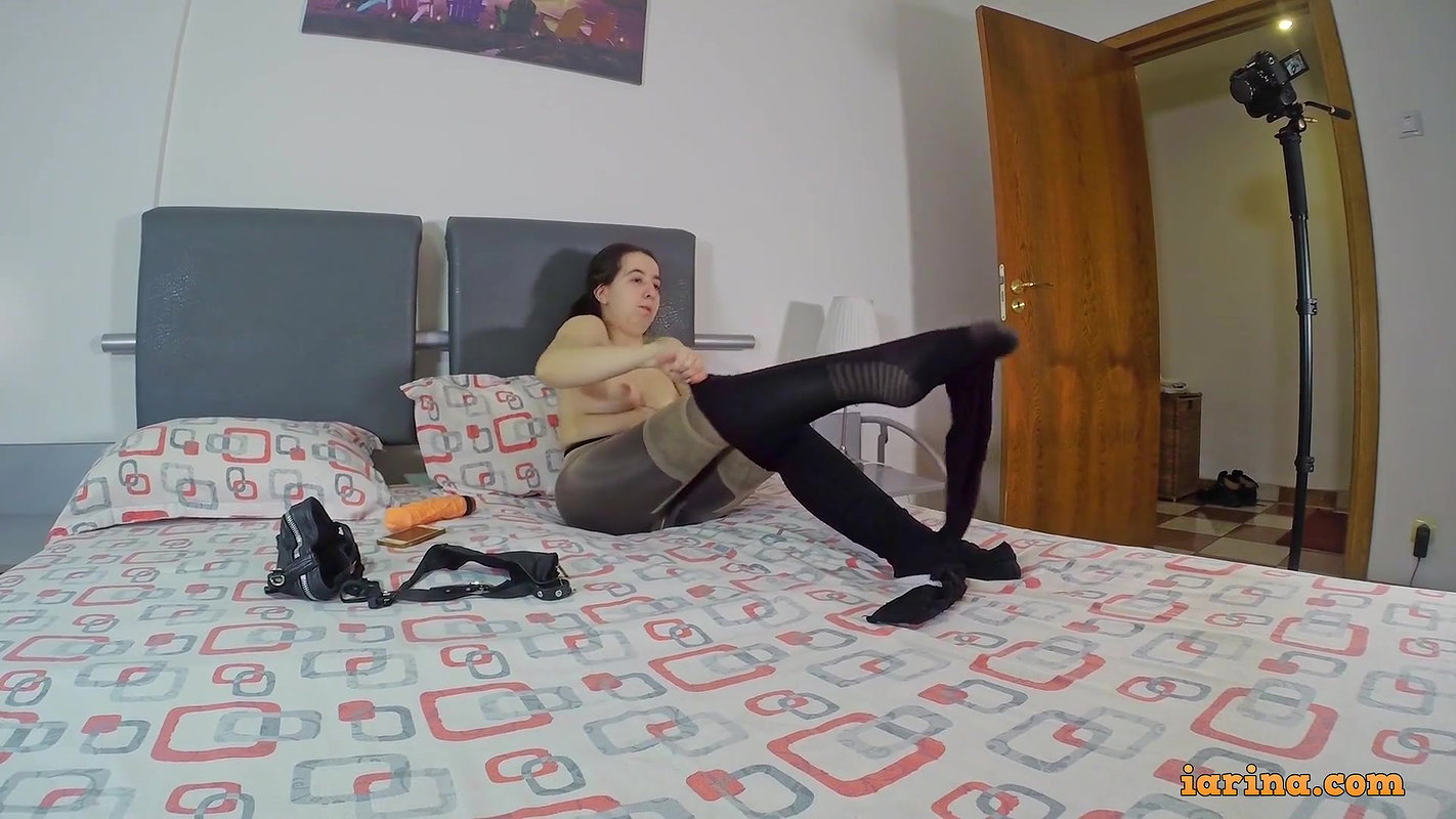 Sexy midget touching herself in sheer pantyhose
