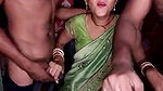 Girl in green saree and black bra boobs exposed by two men