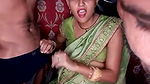 Girl in green saree and black bra boobs exposed by two men
