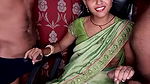 Girl in green saree and black bra boobs exposed by two men