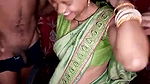 Girl in green saree and black bra boobs exposed by two men