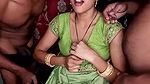 Girl in green saree and black bra boobs exposed by two men