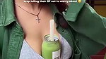 Sexy girl boobs enjoyed by boyfriend drinking juice