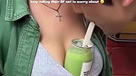 Sexy girl boobs enjoyed by boyfriend drinking juice