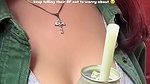 Sexy girl boobs enjoyed by boyfriend drinking juice