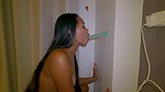 Hot Asian Beauty Sucks The Dildo On The Wall!
