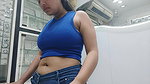 Big Deep Wide Navel piercing on desi babe in blue tshirt 2