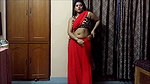 Bengali Lady sexy saree drape in red saree showing pierced fleshy navel 22