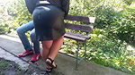 Gorgeous ass fat masturbating MILF in leather skirt outdoors