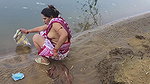 Indian Village Wife Bathing in the River in Outdoor Area