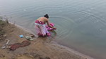 Indian Village Wife Bathing in the River in Outdoor Area