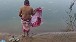 Indian Village Wife Bathing in the River in Outdoor Area