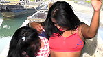 Booby lesbian navel kiss boob press groping song in boat