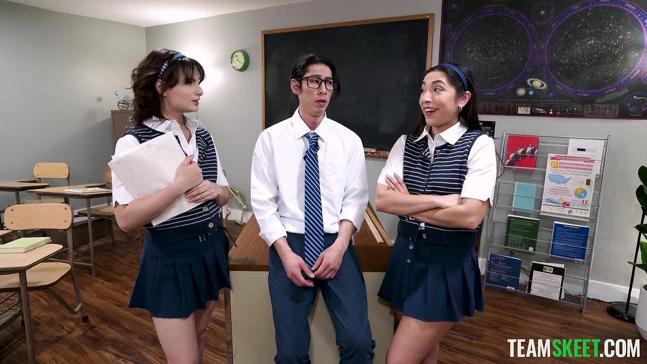 Evie Christian & Madison Wilde – Threesome With Nerd In Classroom