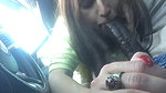 She gags on black cock while sucking him in the car and tastes the cum
