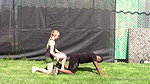 A girl knees a naughty guy in the groin many times
