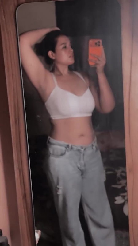 desi busty girl mirror selfie in white bra and jeans 2
